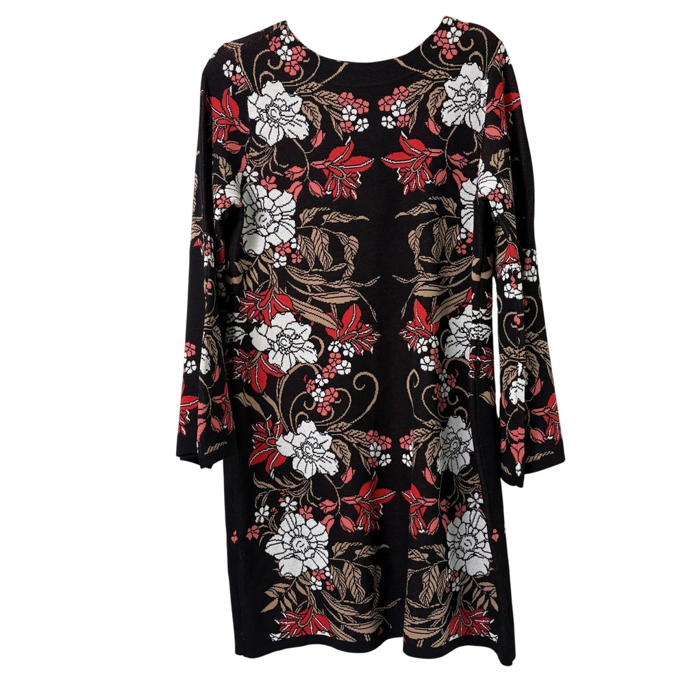 Boston Proper Knit Sweater Dress Womens L Black Red Tan Floral Bell Sleeve
